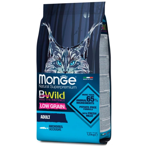 Monge Cat Bwild Low Grain Anchovies - корм Монже c анчоусами для взрослых кошек