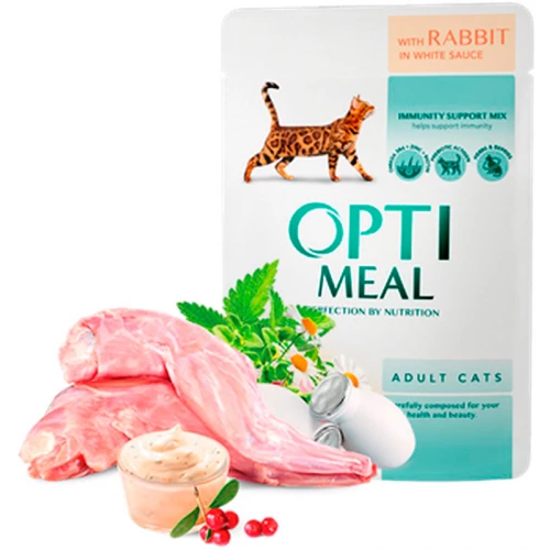 OptiMeal Rabbit and White sauce - консервы ОптиМил с кроликом в соусе для взрослых кошек