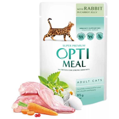 OptiMeal Rabbit and Carrot jelly - консерви ОптиМіл з кроликом у морквяному желе для дорослих кішок