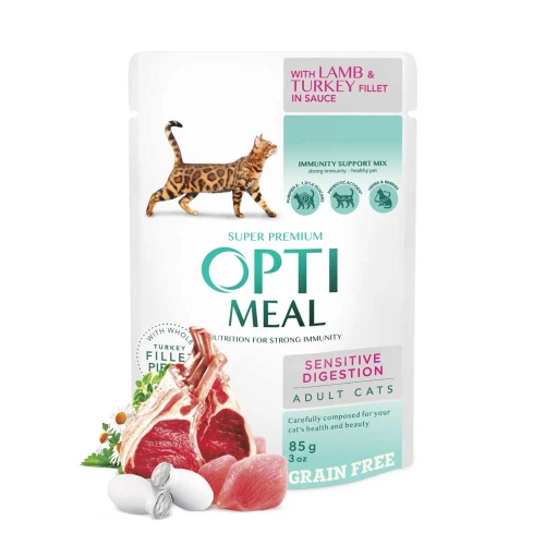 OptiMeal Lamb and Turkey - консерви ОптиМіл з ягням і індичкою в соусі для дорослих кішок