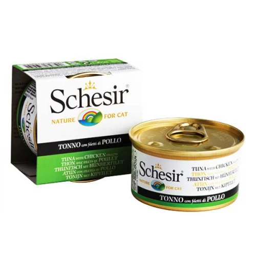 Schesir Tuna Chicken - консервы Шезир с тунцом, курицей и рисом для кошек, банка