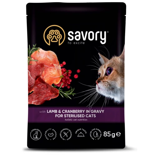 Savory Cat Sterilized - консервы Сейвори ягненок с клюквой в соусе для стерилизованных котов, пауч