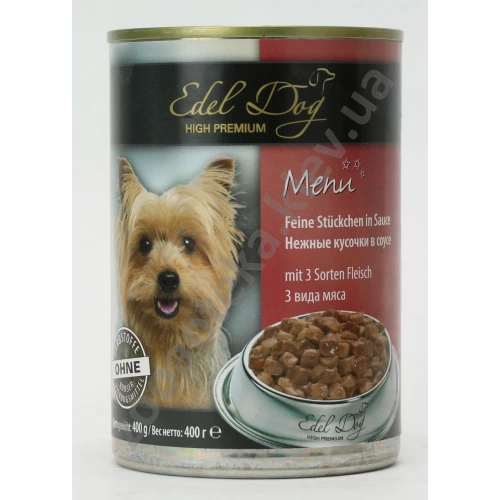 Edel Dog - консервы для собак Эдель, нежные кусочки в соусе, 3 вида мяса
