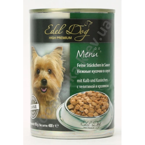 Edel Dog - консерви для собак Едель, ніжні шматочки в соусі, з телятиною і кроликом